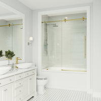 Elan E-Class 56 to 60 in. W x 66 in. H Frameless Sliding Tub Door and Satro 3-Piece Bath Hardware Set in Matte Brushed Gold