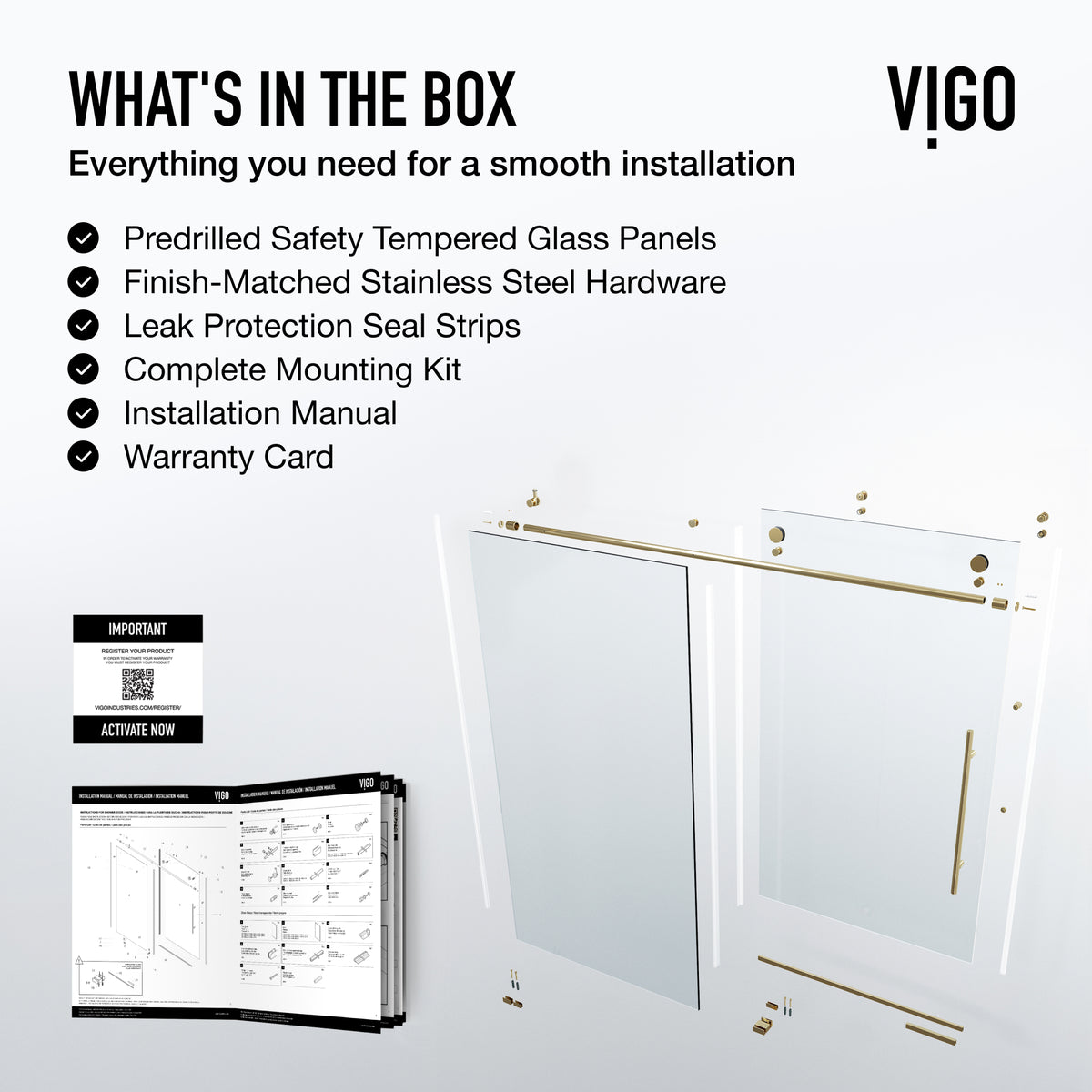 Elan E-Class 56 to 60 in. W x 66 in. H Frameless Sliding Tub Door and Satro 3-Piece Bath Hardware Set in Matte Brushed Gold