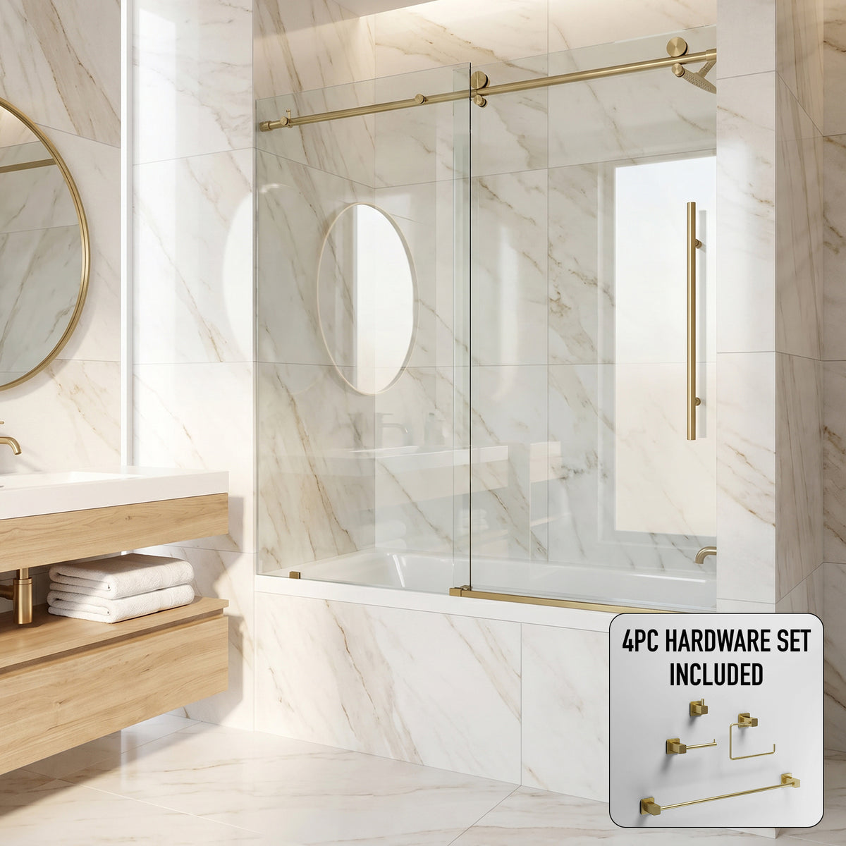 Elan E-Class 56 to 60 in. W x 66 in. H Frameless Sliding Tub Door and Meridian 4-Piece Bath Hardware Set in Matte Brushed Gold