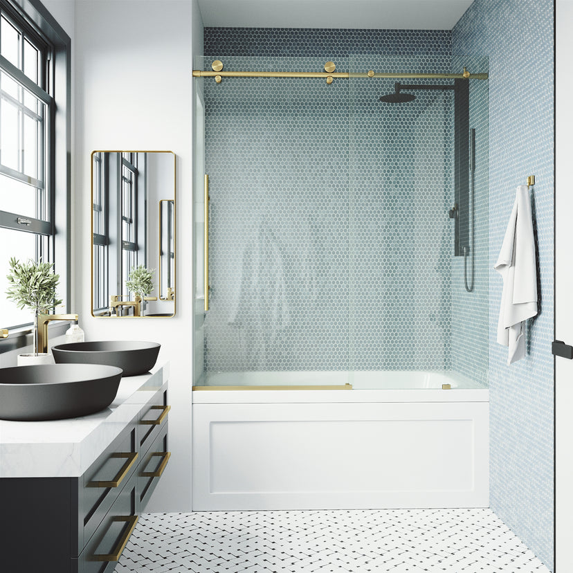 Elan E-Class 56 to 60 in. W x 66 in. H Frameless Sliding Tub Door and Meridian 4-Piece Bath Hardware Set in Matte Brushed Gold