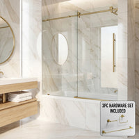 Elan E-Class 56-60 in. W x 66 in. H Frameless Sliding Tub Door in Matte Gold with 3/8 in. (10mm) Clear Glass and Cass 3-Piece Bath Hardware Set
