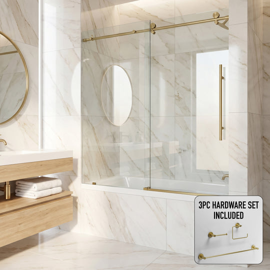 Elan E-Class 56-60 in. W x 66 in. H Frameless Sliding Tub Door in Matte Gold with 3/8 in. (10mm) Clear Glass and Cass 3-Piece Bath Hardware Set