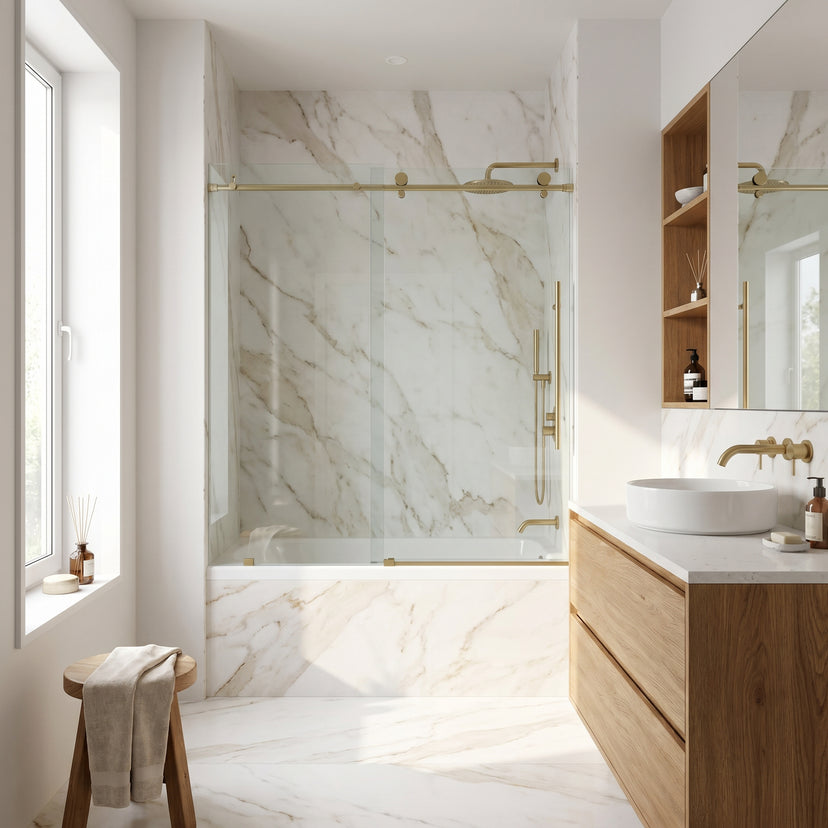 Elan E-Class 56-60 in. W x 66 in. H Frameless Sliding Tub Door in Matte Gold with 3/8 in. (10mm) Clear Glass and Cass 3-Piece Bath Hardware Set