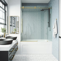 Elan E-Class 56-60 in. W x 66 in. H Frameless Sliding Tub Door in Matte Gold with 3/8 in. (10mm) Clear Glass and Cass 4-Piece Bath Hardware Set