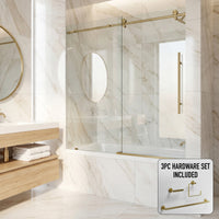 Elan E-Class 56-60 in. W x 66 in. H Frameless Sliding Tub Door in Matte Gold with 3/8 in. (10mm) Clear Glass and Arden 3-Piece Bath Hardware Set