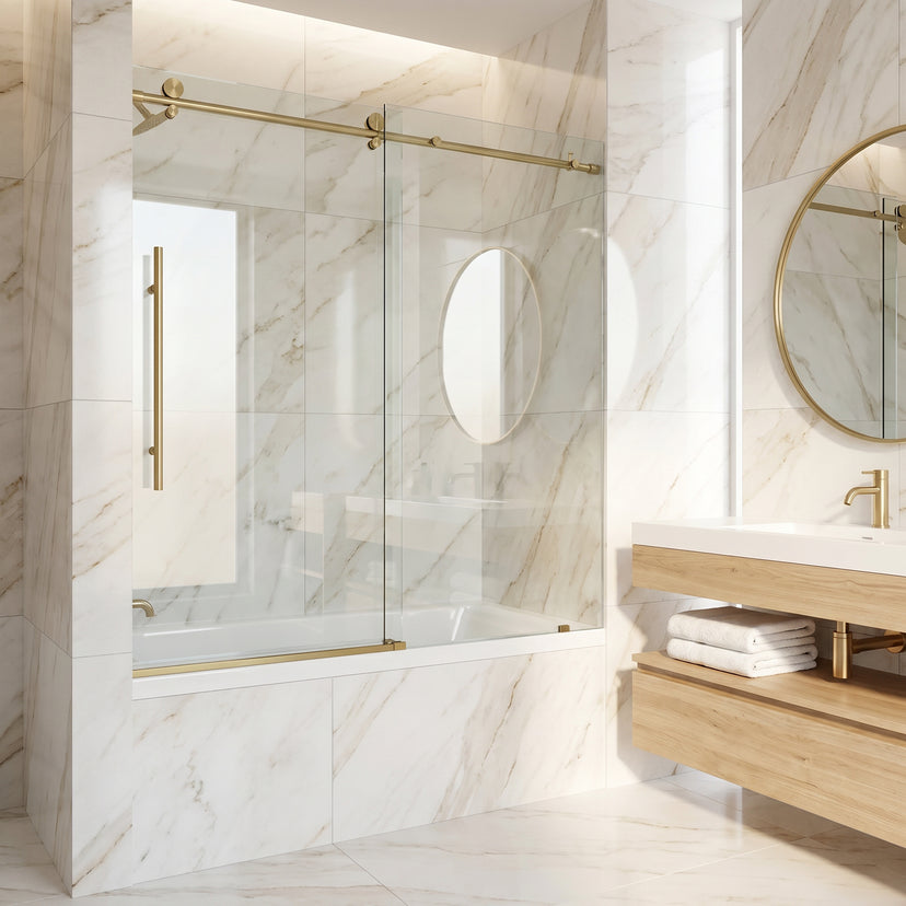 Elan E-Class 56-60 in. W x 66 in. H Frameless Sliding Tub Door in Matte Gold with 3/8 in. (10mm) Clear Glass and Arden 3-Piece Bath Hardware Set