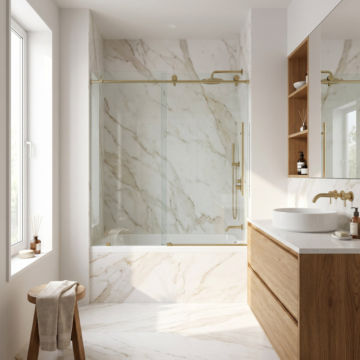 Elan E-Class 56-60 in. W x 66 in. H Frameless Sliding Tub Door in Matte Gold with 3/8 in. (10mm) Clear Glass and Arden 3-Piece Bath Hardware Set