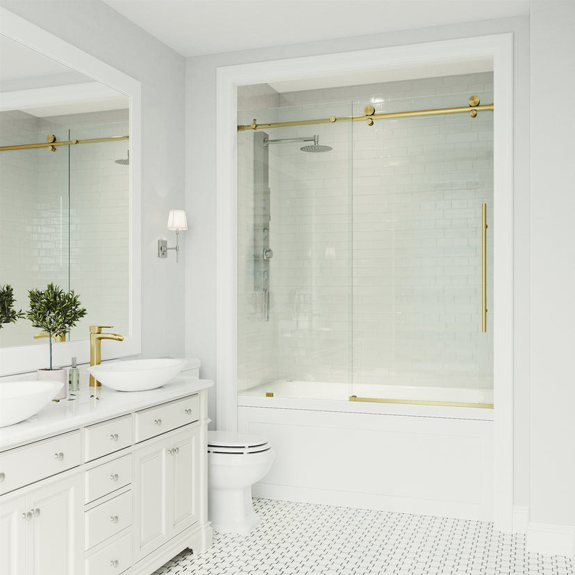 Elan E-Class 56-60 in. W x 66 in. H Frameless Sliding Tub Door in Matte Gold with 3/8 in. (10mm) Clear Glass and Arden 3-Piece Bath Hardware Set