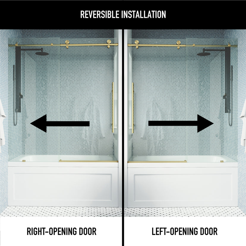 Elan E-Class 56-60 in. W x 66 in. H Frameless Sliding Tub Door in Matte Gold with 3/8 in. (10mm) Clear Glass and Arden 3-Piece Bath Hardware Set