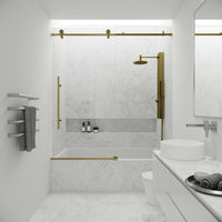 Modern frameless tub door, matte gold, clear tempered glass, 66 in. height, sliding