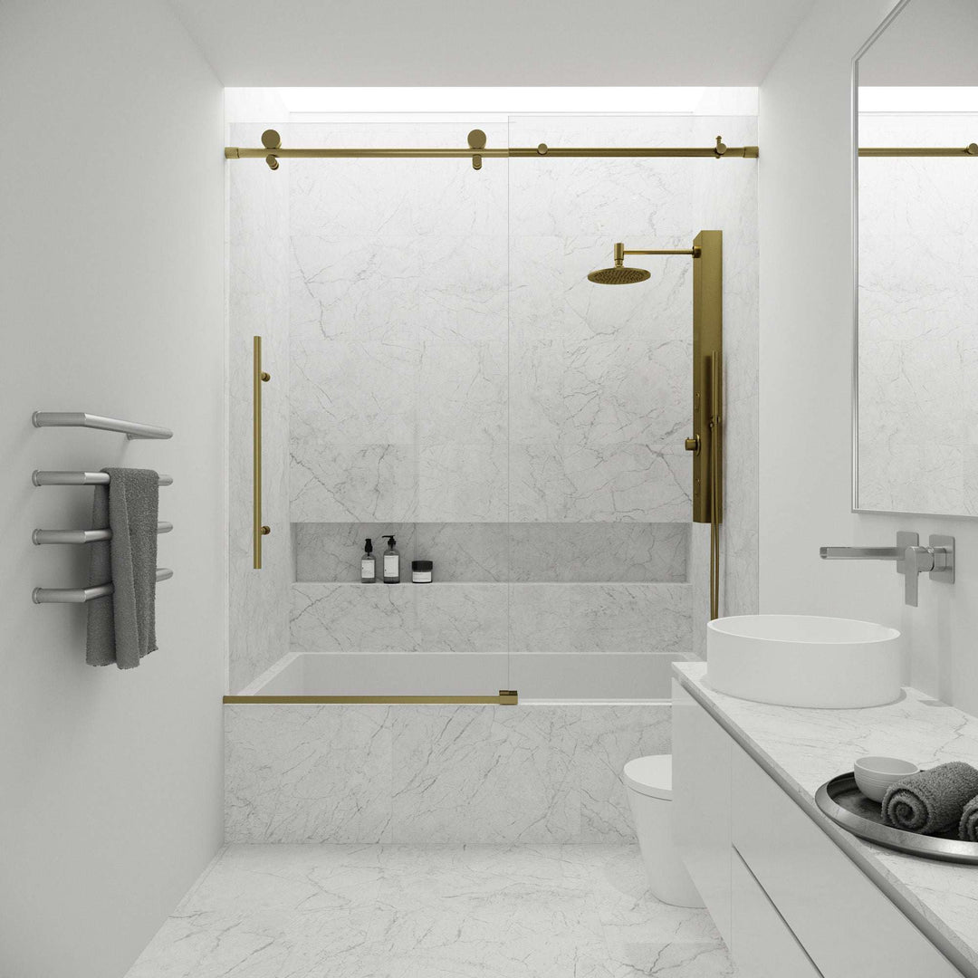 Modern frameless tub door, matte gold, clear tempered glass, 66 in. height, sliding