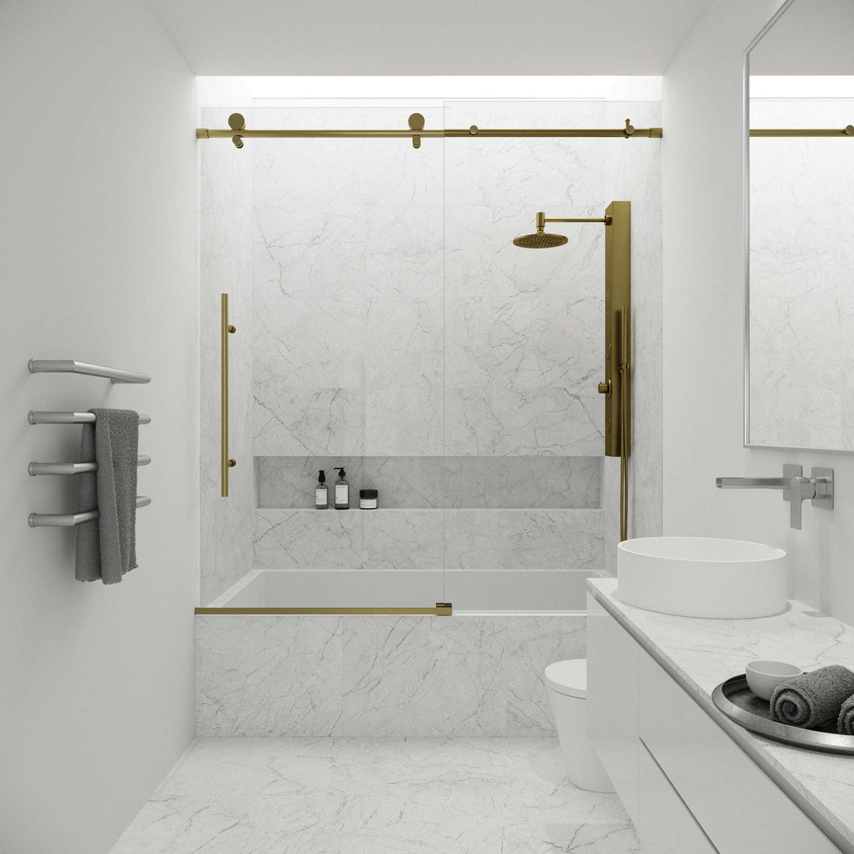 Modern frameless tub door, matte gold, clear tempered glass, 66 in. height, sliding