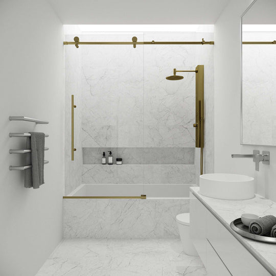 Modern frameless tub door, matte gold, clear tempered glass, 66 in. height, sliding
