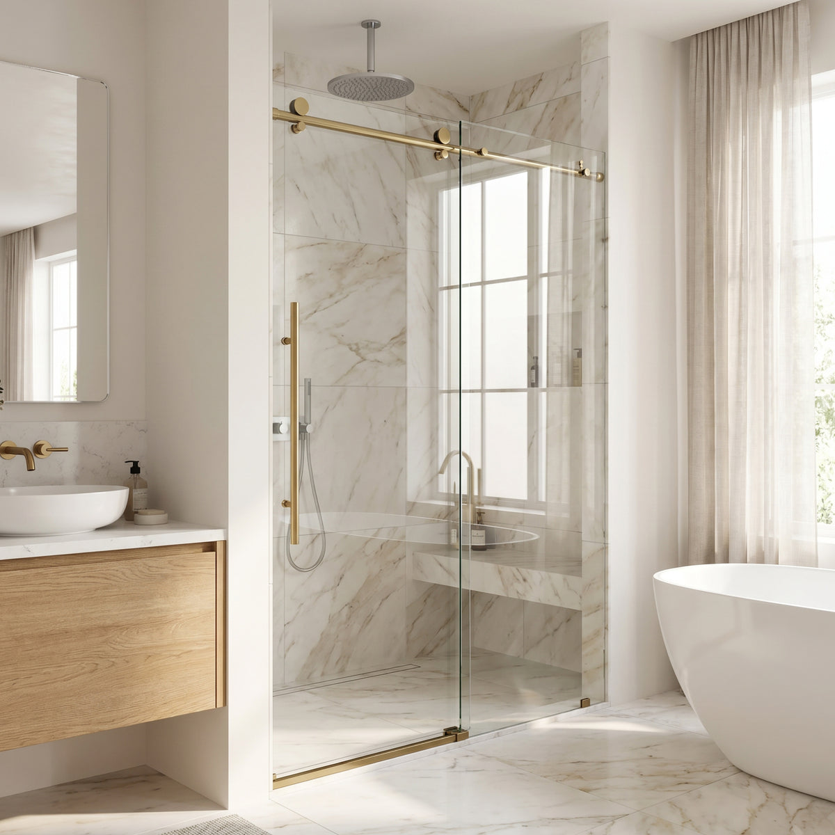 Elan E-Class 56 to 60 in. W X 76 in. H Frameless Sliding Shower Door 3/8" Clear Glass in Matte Brushed Gold with Elan 4 in. Square Shower Drain in Matte Brushed Gold
