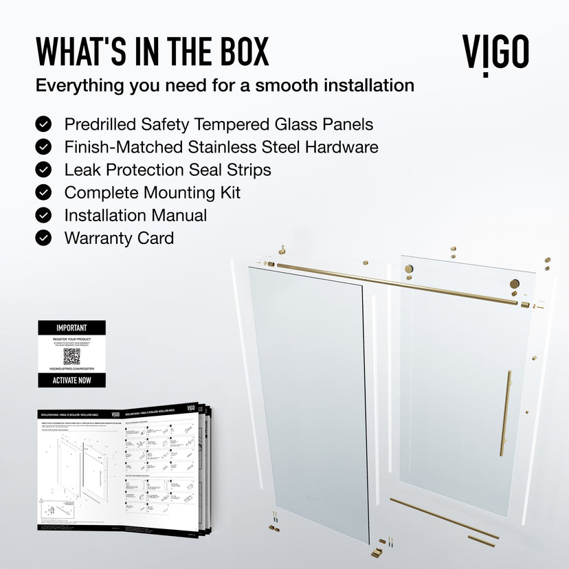 Elan E-Class 56 to 60 in. W X 76 in. H Frameless Sliding Shower Door 3/8" Clear Glass in Matte Brushed Gold with Elan 4 in. Square Shower Drain in Matte Brushed Gold