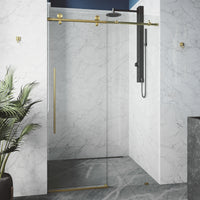 Elan E-Class 56 to 60 in. W X 76 in. H Frameless Sliding Shower Door 3/8" Clear Glass in Matte Brushed Gold with Elan 4 in. Square Shower Drain in Matte Brushed Gold