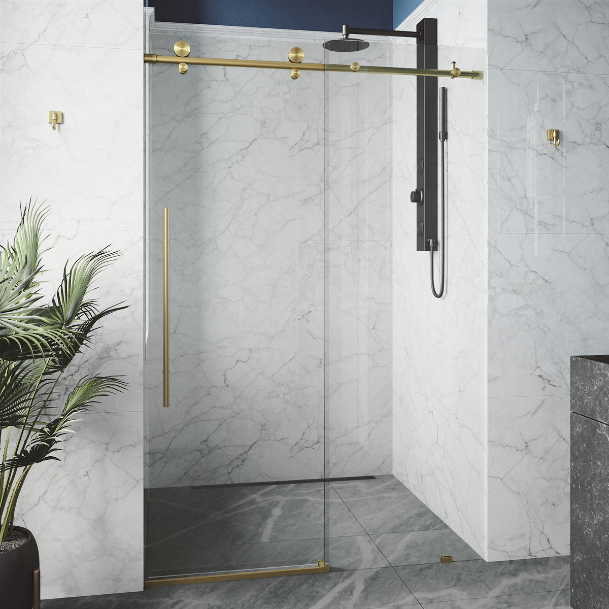 Elan E-Class 56 to 60 in. W X 76 in. H Frameless Sliding Shower Door 3/8" Clear Glass in Matte Brushed Gold with Elan 4 in. Square Shower Drain in Matte Brushed Gold