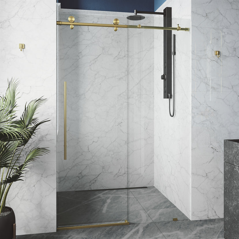 Elan E-Class 56 to 60 in. W X 76 in. H Frameless Sliding Shower Door 3/8" Clear Glass in Matte Brushed Gold with Elan 4 in. Square Shower Drain in Matte Brushed Gold