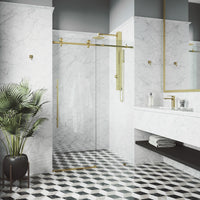 Elan E-Class 56 to 60 in. W X 76 in. H Frameless Sliding Shower Door 3/8" Clear Glass in Matte Brushed Gold with Elan 4 in. Square Shower Drain in Matte Brushed Gold