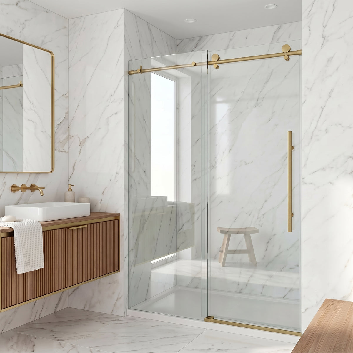 Elan E-Class 56 to 60 in. W X 76 in. H Frameless Sliding Shower Door 3/8" Clear Glass in Matte Brushed Gold with Elan 4 in. Square Shower Drain in Matte Brushed Gold