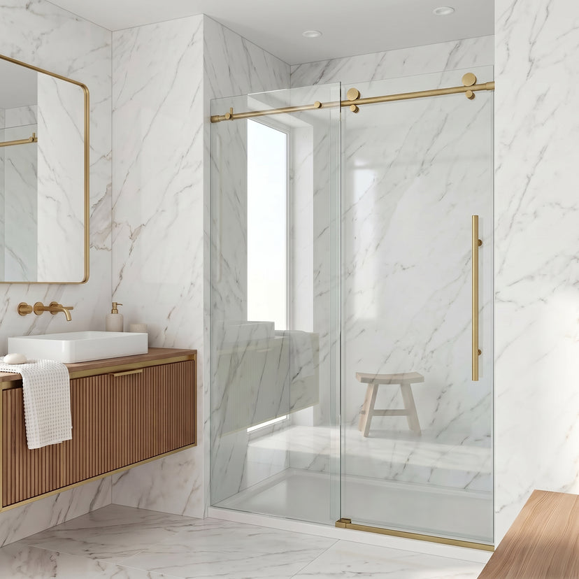 Elan E-Class 56 to 60 in. W X 76 in. H Frameless Sliding Shower Door 3/8" Clear Glass in Matte Brushed Gold with Elan 4 in. Square Shower Drain in Matte Brushed Gold