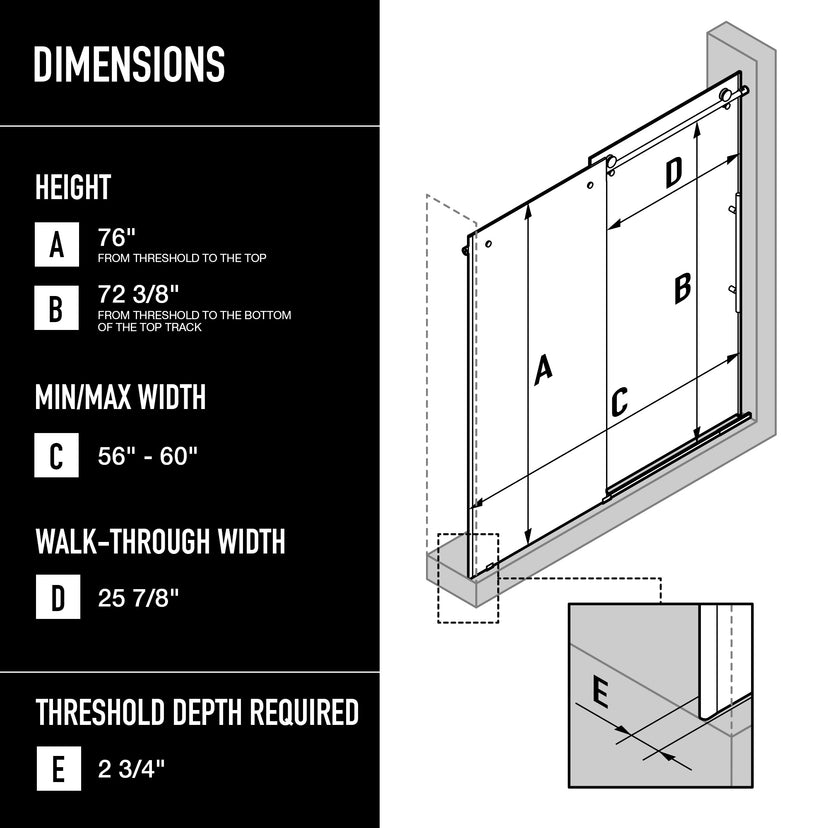 Elan E-Class 56 to 60 in. W X 76 in. H Frameless Sliding Shower Door 3/8" Clear Glass in Matte Brushed Gold with Elan 4 in. Square Shower Drain in Matte Brushed Gold