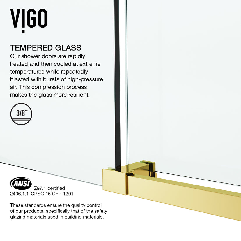 Elan E-Class 56 to 60 in. W X 76 in. H Frameless Sliding Shower Door 3/8" Clear Glass in Matte Brushed Gold with Elan 4 in. Square Shower Drain in Matte Brushed Gold