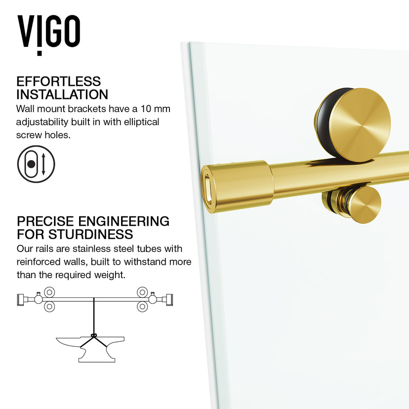 Elan E-Class 56 to 60 in. W X 76 in. H Frameless Sliding Shower Door 3/8" Clear Glass in Matte Brushed Gold with Elan 4 in. Square Shower Drain in Matte Brushed Gold