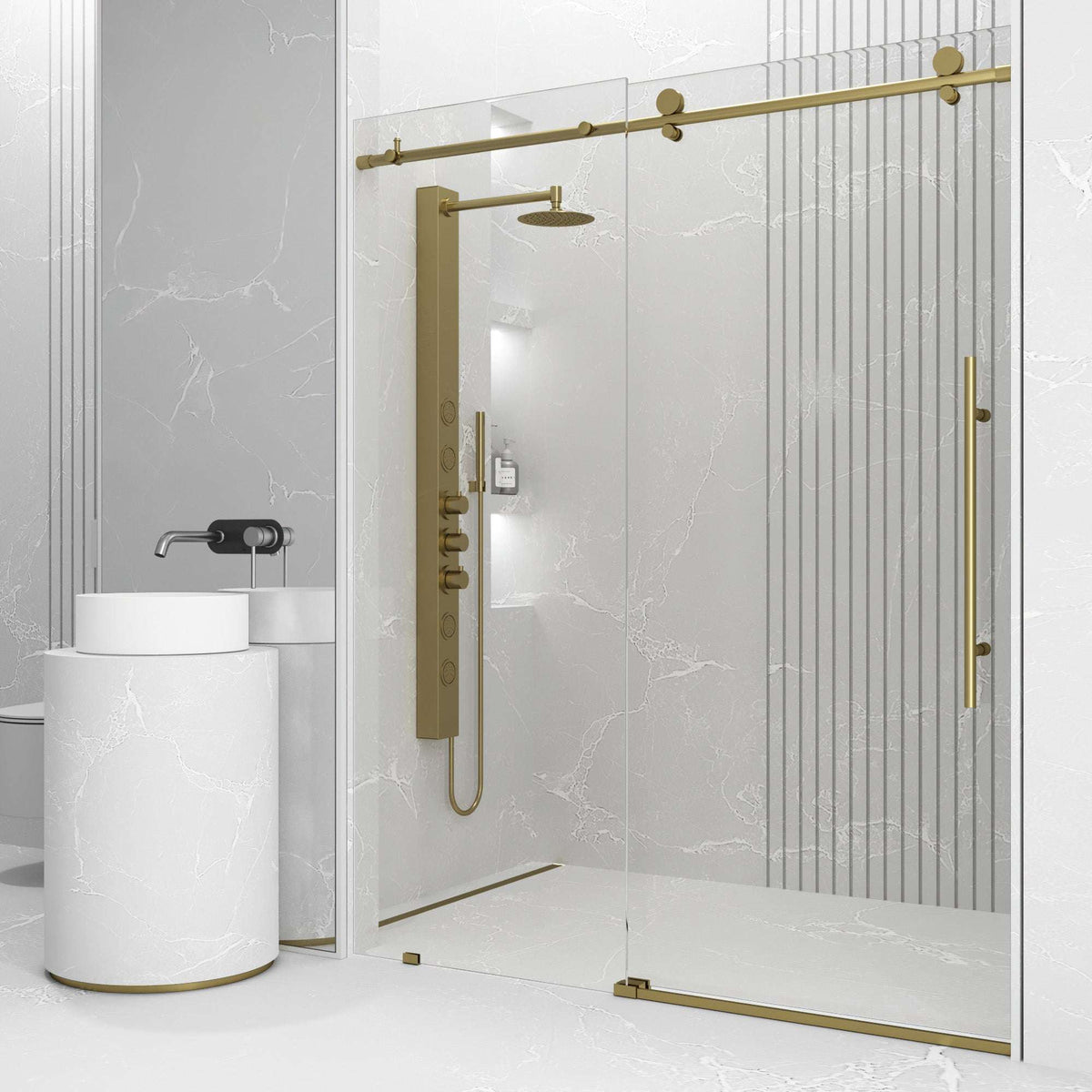 Matte brushed gold frameless sliding shower door with clear tempered glass, 56-60 in. width