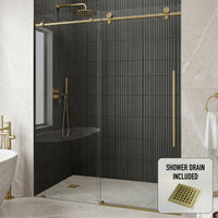 Elan E-Class 56 to 60 in. W X 76 in. H Frameless Sliding Shower Door 3/8" Clear Glass in Matte Brushed Gold with Elan 4 in. Square Shower Drain in Matte Brushed Gold