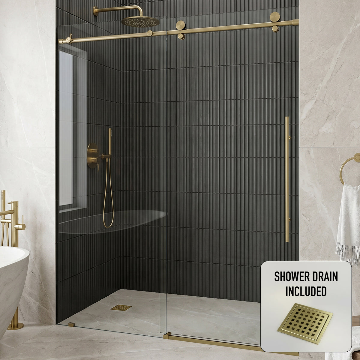 Elan E-Class 56 to 60 in. W X 76 in. H Frameless Sliding Shower Door 3/8" Clear Glass in Matte Brushed Gold with Elan 4 in. Square Shower Drain in Matte Brushed Gold