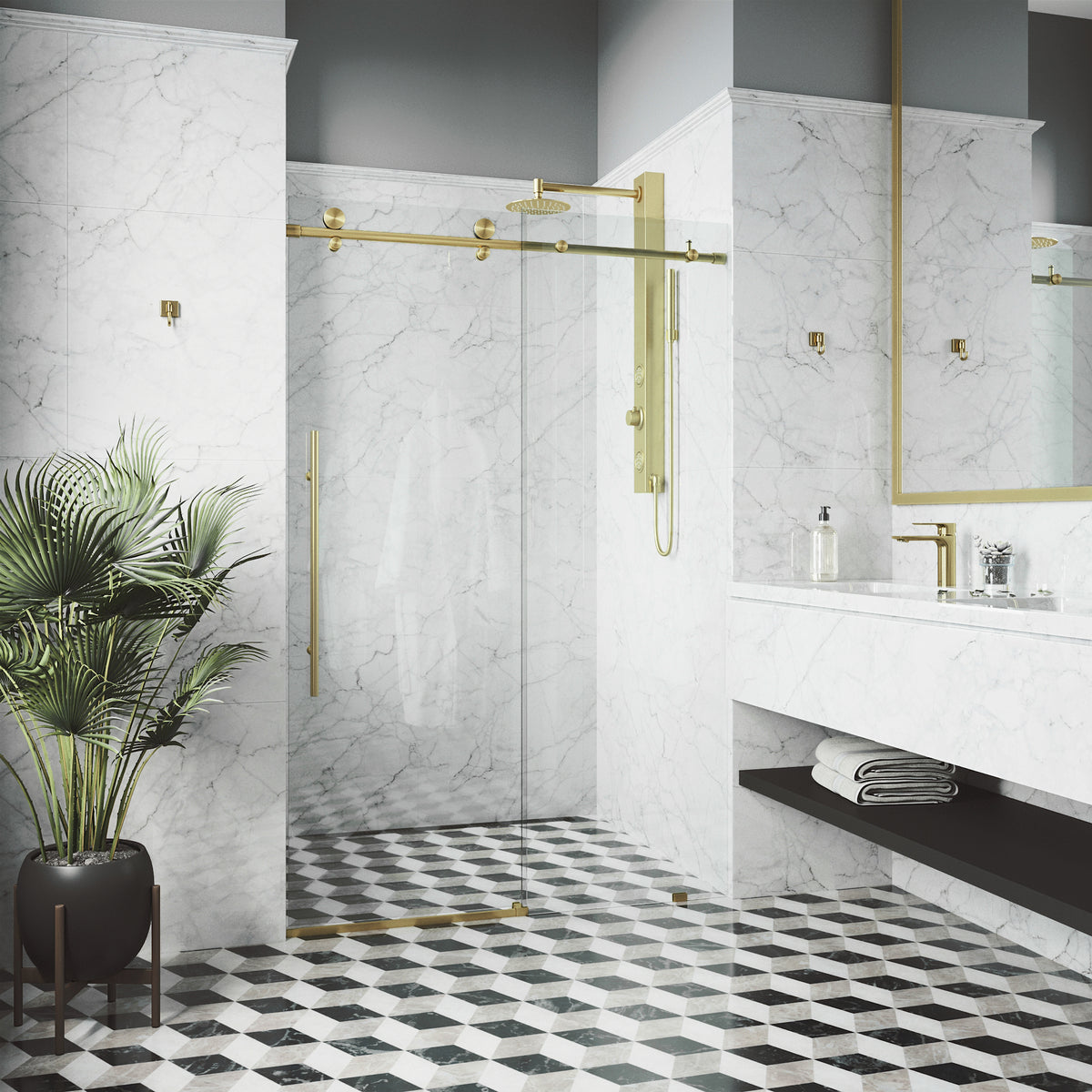 Elan E-Class 56 to 60 in. W x 76 in. H Frameless Sliding Shower Door and Satro 3-Piece Bath Hardware Set in Matte Brushed Gold