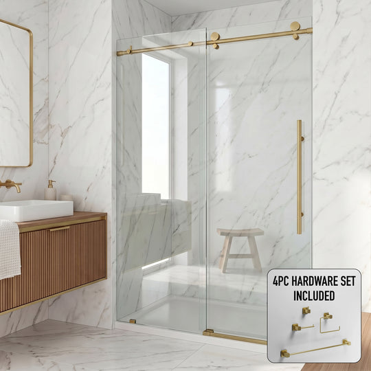 Elan E-Class 56 to 60 in. W x 76 in. H Frameless Sliding Shower Door and Meridian 4-Piece Bath Hardware Set in Matte Brushed Gold