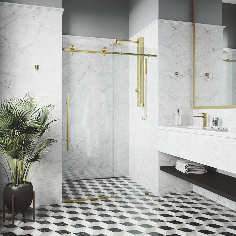 Elan E-Class 56 to 60 in. W x 76 in. H Frameless Sliding Shower Door and Meridian 4-Piece Bath Hardware Set in Matte Brushed Gold