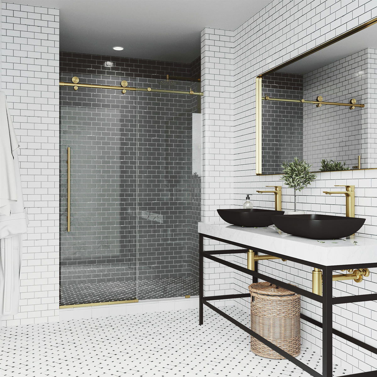 Elan E-Class 60-64 in. W x 76 in. H Frameless Sliding Shower Door in Matte Brushed Gold with 3/8 in. Clear Glass and Elan 24 in. Linear Shower Drain