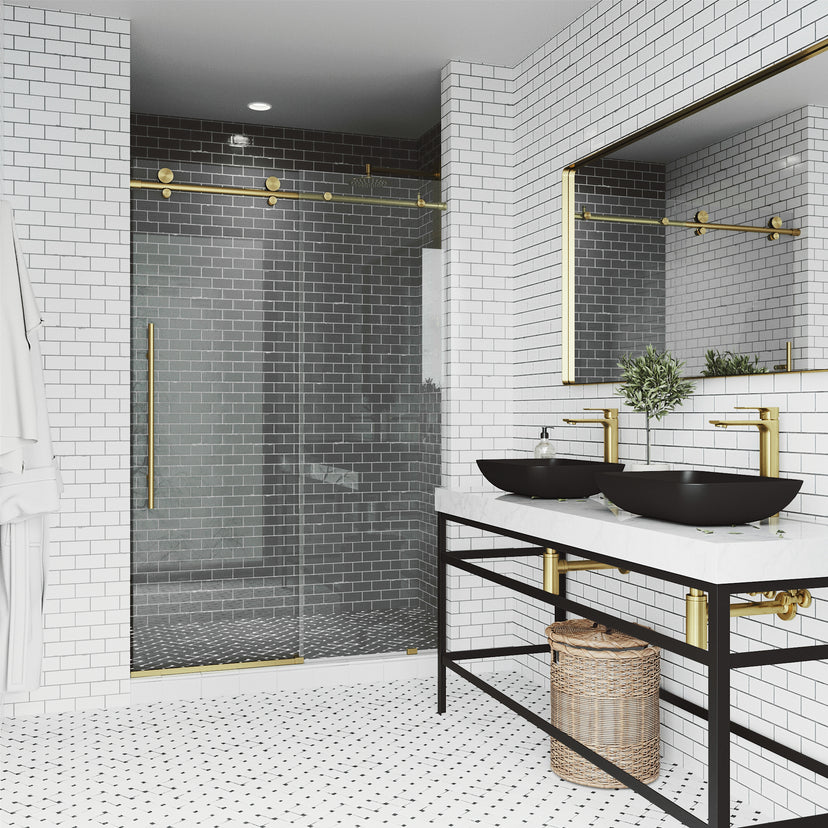 Elan E-Class 60-64 in. W x 76 in. H Frameless Sliding Shower Door in Matte Brushed Gold with 3/8 in. Clear Glass and Elan 24 in. Linear Shower Drain