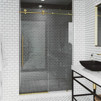 Elan E-Class 60-64 in. W x 76 in. H Frameless Sliding Shower Door in Matte Brushed Gold with 3/8 in. Clear Glass and Elan 24 in. Linear Shower Drain