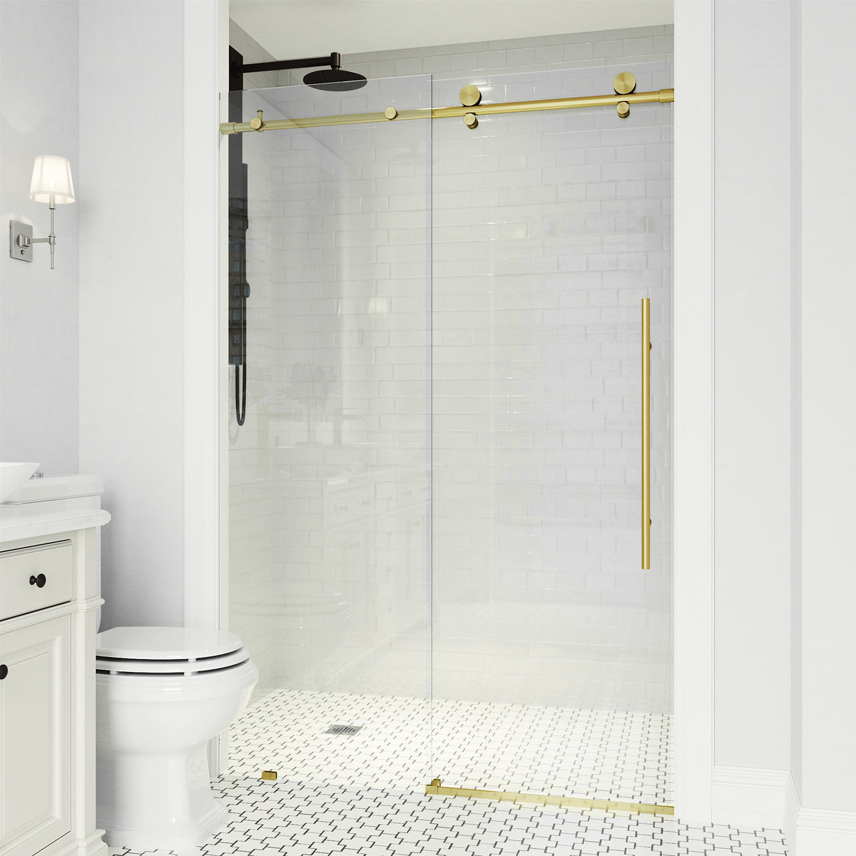 Elan E-Class 60-64 in. W x 76 in. H Frameless Sliding Shower Door in Matte Brushed Gold with 3/8 in. Clear Glass and Elan 24 in. Linear Shower Drain