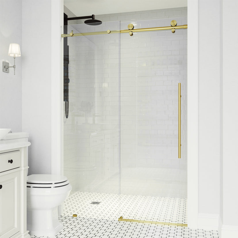 Elan E-Class 60-64 in. W x 76 in. H Frameless Sliding Shower Door in Matte Brushed Gold with 3/8 in. Clear Glass and Elan 24 in. Linear Shower Drain