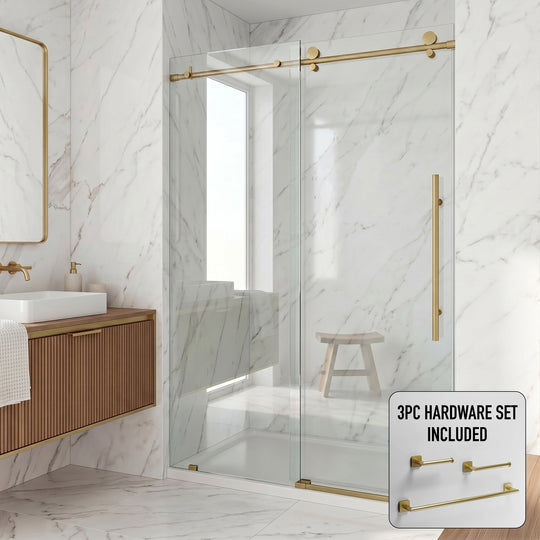 Elan E-Class 60 to 64 in. W x 76 in. H Frameless Sliding Shower Door and Satro 3-Piece Bath Hardware Set in Matte Brushed Gold