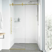 Elan E-Class 60 to 64 in. W x 76 in. H Frameless Sliding Shower Door and Satro 3-Piece Bath Hardware Set in Matte Brushed Gold