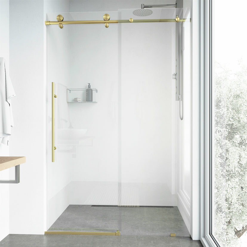 Elan E-Class 60 to 64 in. W x 76 in. H Frameless Sliding Shower Door and Satro 3-Piece Bath Hardware Set in Matte Brushed Gold