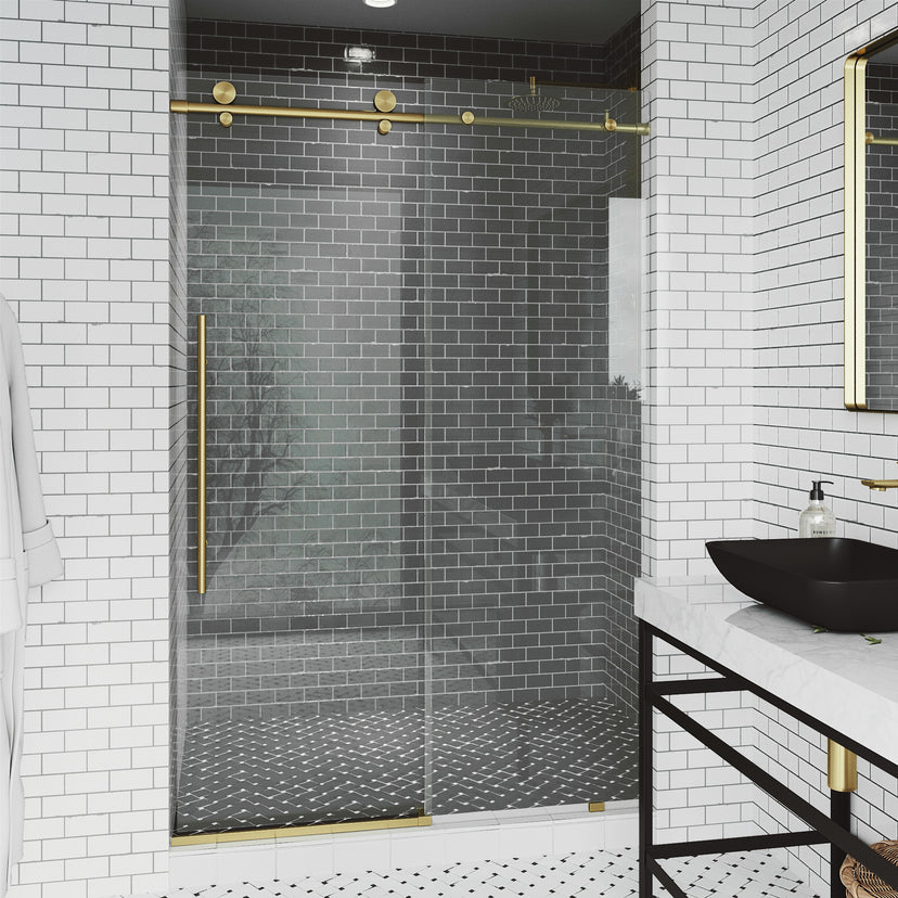 Elan E-Class 60 to 64 in. W x 76 in. H Frameless Sliding Shower Door and Satro 3-Piece Bath Hardware Set in Matte Brushed Gold