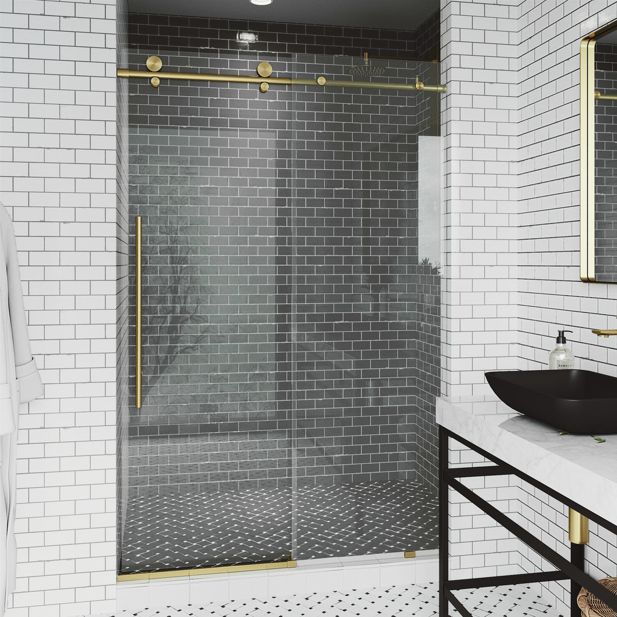 Elan E-Class 60-64 in. W x 76 in. H Frameless Sliding Shower Door in Matte Brushed Gold with 3/8 in. Clear Glass and Elan 36 in. Linear Shower Drain