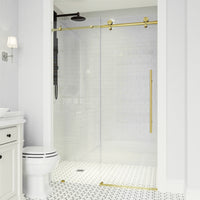 Elan E-Class 60-64 in. W x 76 in. H Frameless Sliding Shower Door in Matte Brushed Gold with 3/8 in. Clear Glass and Elan 36 in. Linear Shower Drain