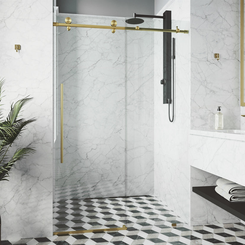 Elan E-Class 68-72 in. W x 76 in. H Frameless Sliding Shower Door in Matte Brushed Gold with 3/8 in. Clear Glass and Elan 24 in. Linear Shower Drain