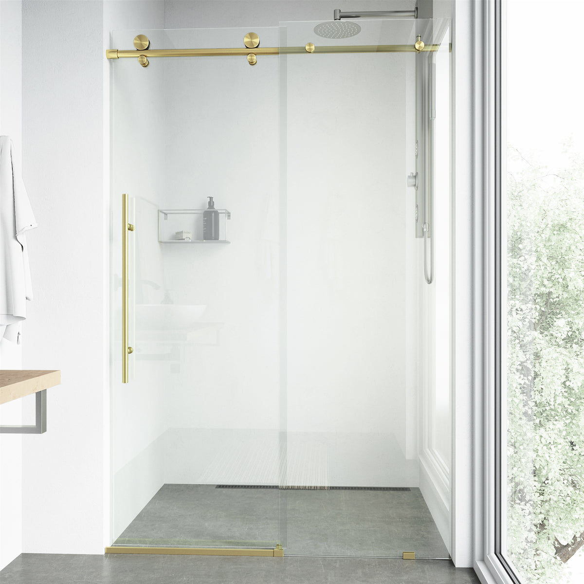 Elan E-Class 68-72 in. W x 76 in. H Frameless Sliding Shower Door in Matte Brushed Gold with 3/8 in. Clear Glass and Elan 24 in. Linear Shower Drain
