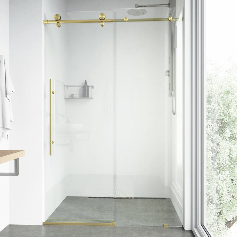 Elan E-Class 68-72 in. W x 76 in. H Frameless Sliding Shower Door in Matte Brushed Gold with 3/8 in. Clear Glass and Elan 24 in. Linear Shower Drain