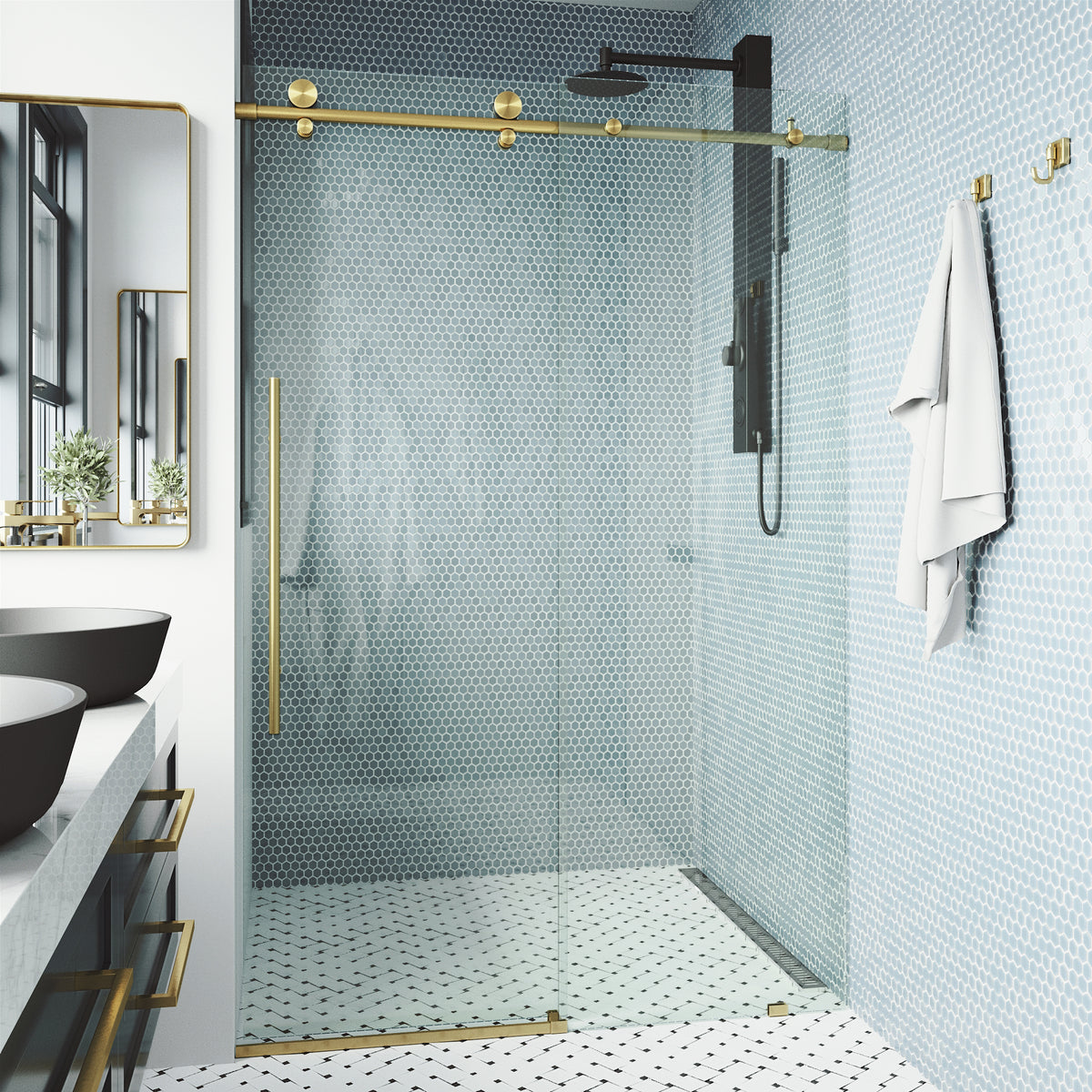 Elan E-Class 68-72 in. W x 76 in. H Frameless Sliding Shower Door in Matte Brushed Gold with 3/8 in. Clear Glass and Elan 24 in. Linear Shower Drain