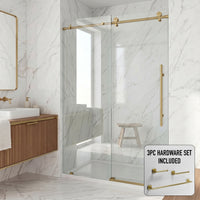 Elan E-Class 68 to 72 in. W x 76 in. H Frameless Sliding Shower Door and Satro 3-Piece Bath Hardware Set in Matte Brushed Gold